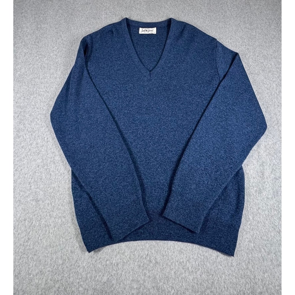 Vintage Jantzen‎ Sweater Jumper L Mens V-Neck USA Blue Knit Pullover Solid